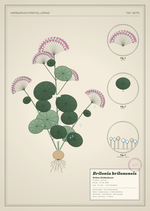 Botanische Tafel: Brilonia brilonensis, eine erfundene Pflanze aus Brilon, gezeichnet wie in einem alten Pflanzenatlas