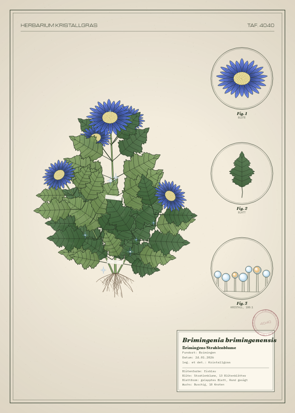 Botanische Tafel: Brimingenia brimingenensis, eine erfundene Pflanze aus Brimingen, gezeichnet wie in einem alten Pflanzenatlas