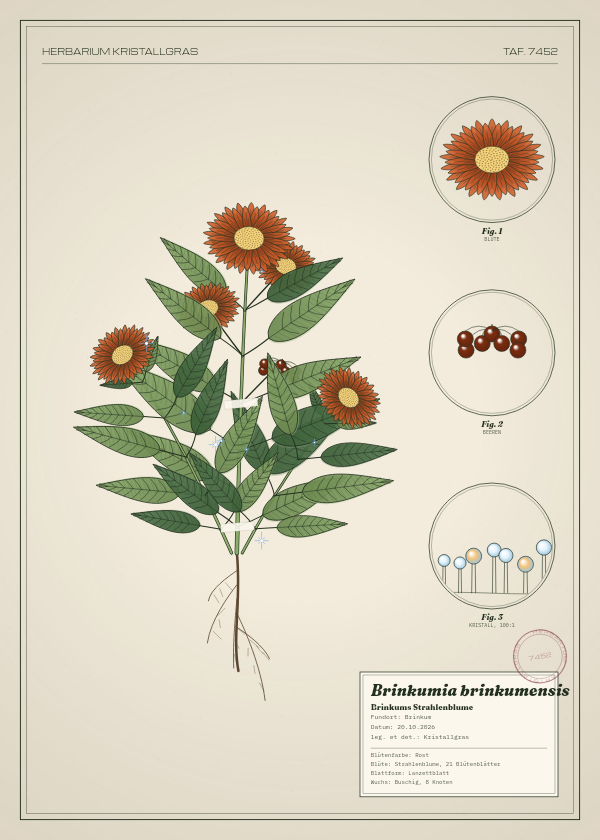 Botanische Tafel: Brinkumia brinkumensis, eine erfundene Pflanze aus Brinkum, gezeichnet wie in einem alten Pflanzenatlas