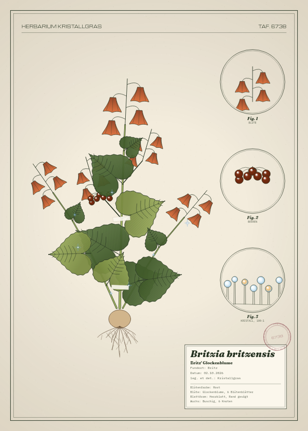 Botanische Tafel: Britzia britzensis, eine erfundene Pflanze aus Britz, gezeichnet wie in einem alten Pflanzenatlas