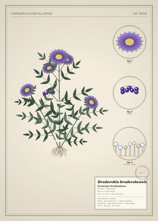 Botanische Tafel: Brodersbia brodersbensis, eine erfundene Pflanze aus Brodersby, gezeichnet wie in einem alten Pflanzenatlas