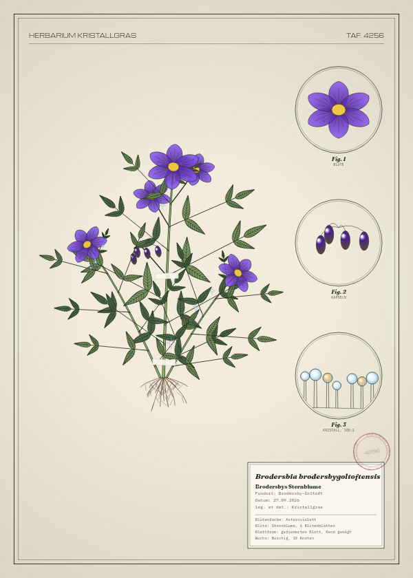Botanische Tafel: Brodersbia brodersbygoltoftensis, eine erfundene Pflanze aus Brodersby-Goltoft, gezeichnet wie in einem alten Pflanzenatlas