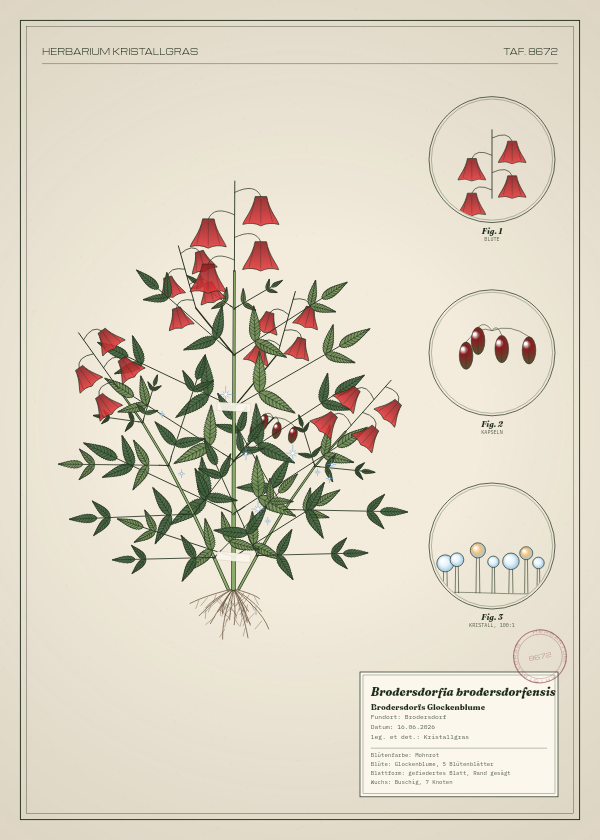 Botanische Tafel: Brodersdorfia brodersdorfensis, eine erfundene Pflanze aus Brodersdorf, gezeichnet wie in einem alten Pflanzenatlas