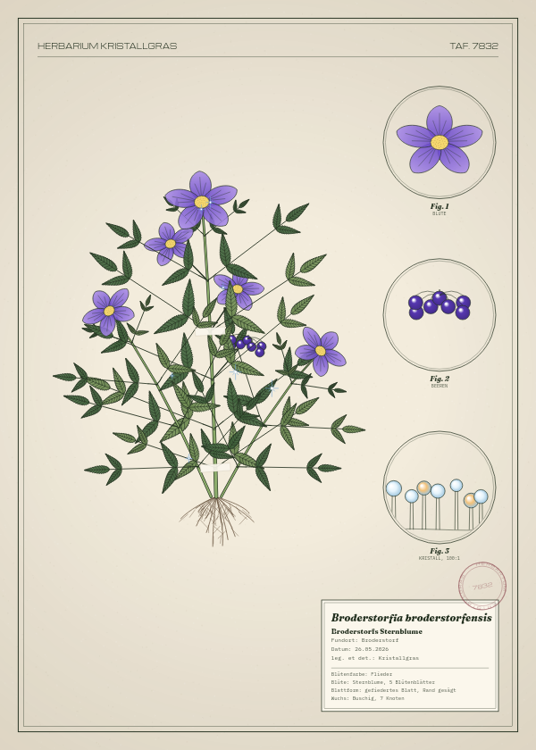 Botanische Tafel: Broderstorfia broderstorfensis, eine erfundene Pflanze aus Broderstorf, gezeichnet wie in einem alten Pflanzenatlas