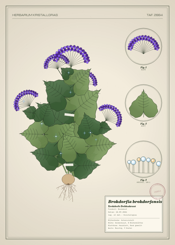 Botanische Tafel: Brokdorfia brokdorfensis, eine erfundene Pflanze aus Brokdorf, gezeichnet wie in einem alten Pflanzenatlas
