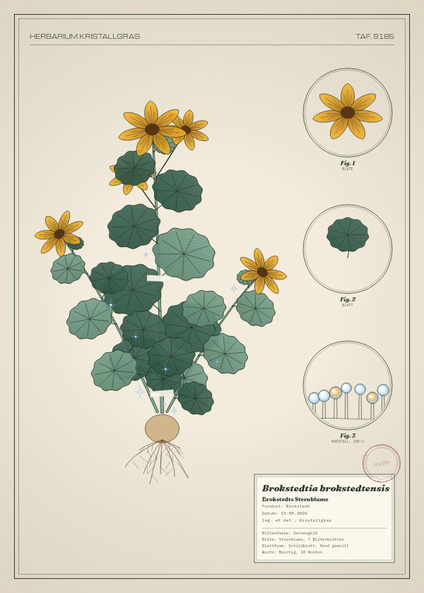 Botanische Tafel: Brokstedtia brokstedtensis, eine erfundene Pflanze aus Brokstedt, gezeichnet wie in einem alten Pflanzenatlas