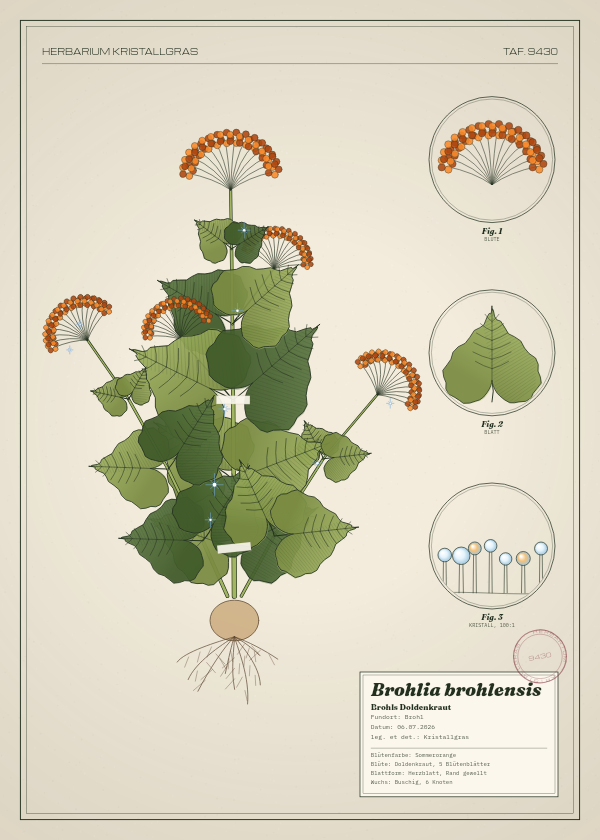 Botanische Tafel: Brohlia brohlensis, eine erfundene Pflanze aus Brohl, gezeichnet wie in einem alten Pflanzenatlas