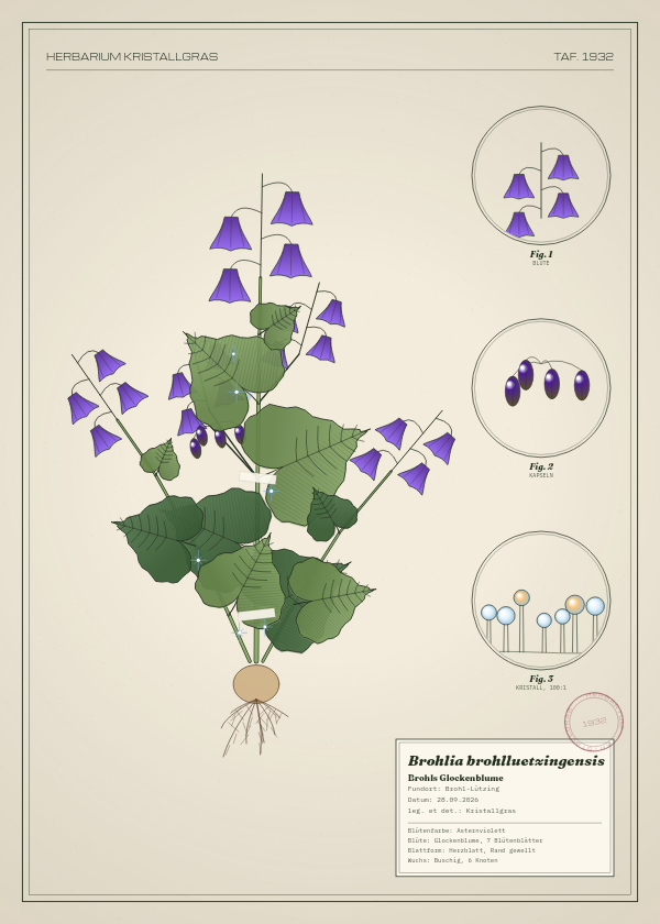 Botanische Tafel: Brohlia brohlluetzingensis, eine erfundene Pflanze aus Brohl-Lützing, gezeichnet wie in einem alten Pflanzenatlas