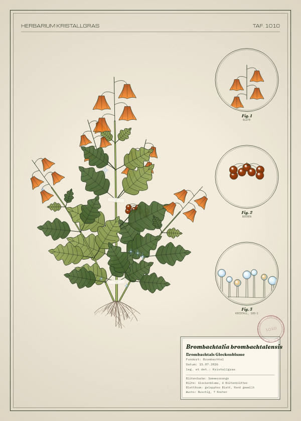 Botanische Tafel: Brombachtalia brombachtalensis, eine erfundene Pflanze aus Brombachtal, gezeichnet wie in einem alten Pflanzenatlas