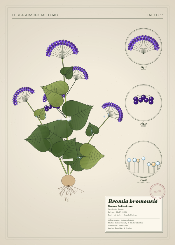 Botanische Tafel: Bromia bromensis, eine erfundene Pflanze aus Brome, gezeichnet wie in einem alten Pflanzenatlas