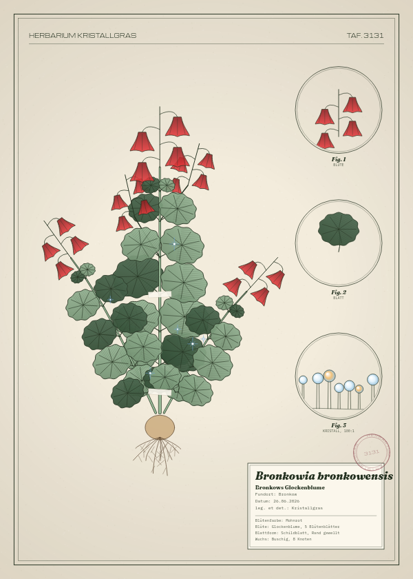 Botanische Tafel: Bronkowia bronkowensis, eine erfundene Pflanze aus Bronkow, gezeichnet wie in einem alten Pflanzenatlas