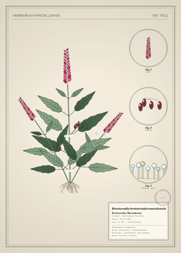 Botanische Tafel: Brotterodia brotterodetrusetalensis, eine erfundene Pflanze aus Brotterode-Trusetal, gezeichnet wie in einem alten Pflanzenatlas