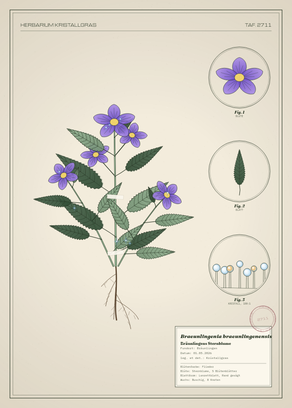 Botanische Tafel: Braeunlingenia braeunlingenensis, eine erfundene Pflanze aus Bräunlingen, gezeichnet wie in einem alten Pflanzenatlas