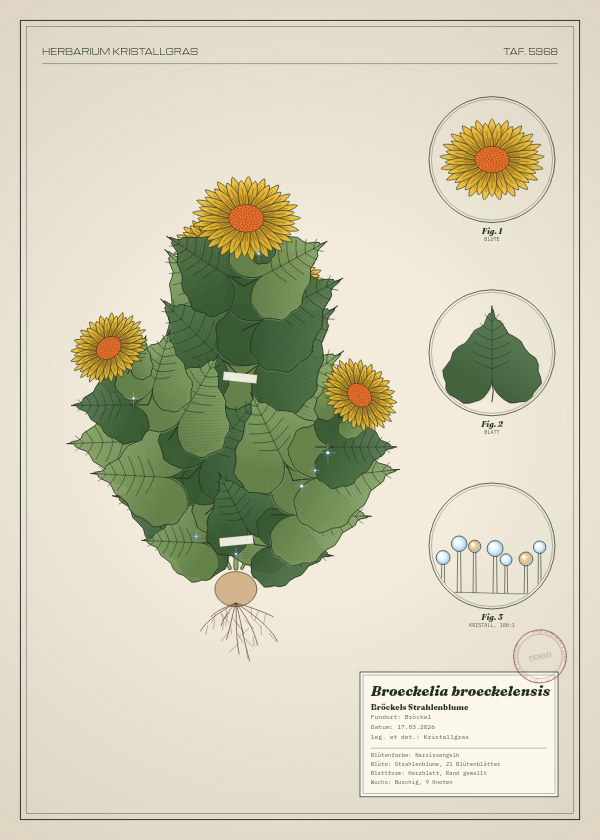 Botanische Tafel: Broeckelia broeckelensis, eine erfundene Pflanze aus Bröckel, gezeichnet wie in einem alten Pflanzenatlas