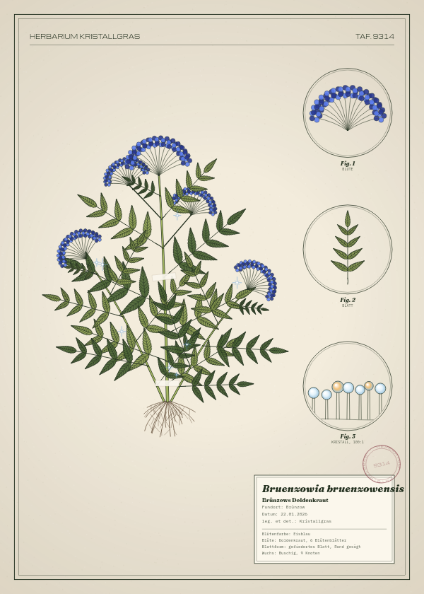 Botanische Tafel: Bruenzowia bruenzowensis, eine erfundene Pflanze aus Brünzow, gezeichnet wie in einem alten Pflanzenatlas