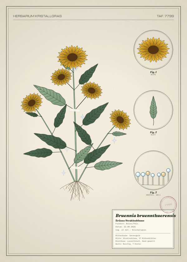 Botanische Tafel: Bruennia bruennthuerensis, eine erfundene Pflanze aus Brünn/Thür., gezeichnet wie in einem alten Pflanzenatlas