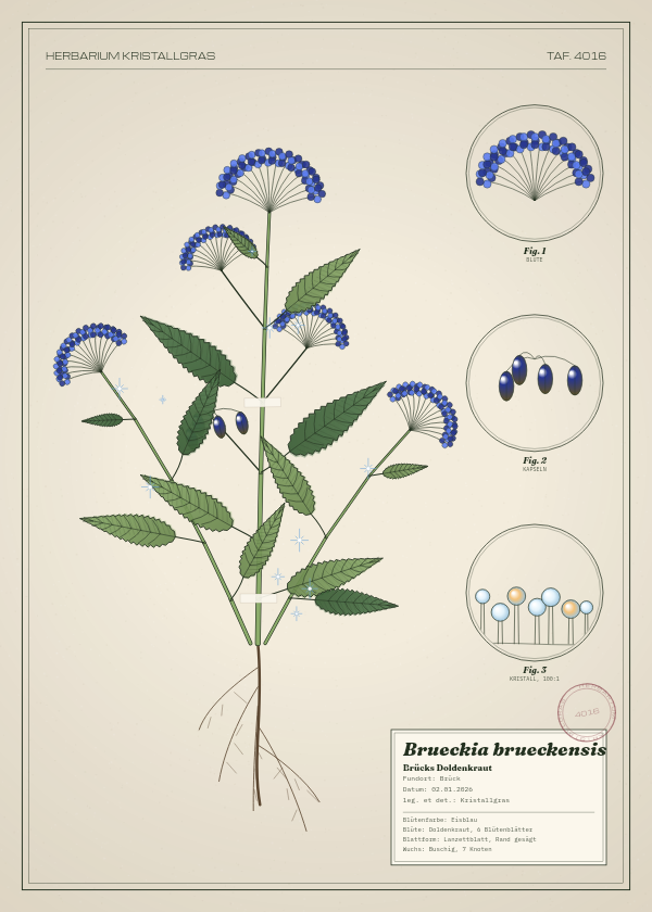 Botanische Tafel: Brueckia brueckensis, eine erfundene Pflanze aus Brück, gezeichnet wie in einem alten Pflanzenatlas