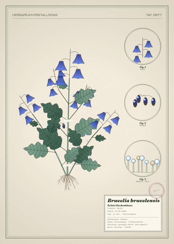 Botanische Tafel: Brueelia brueelensis, eine erfundene Pflanze aus Brüel, gezeichnet wie in einem alten Pflanzenatlas