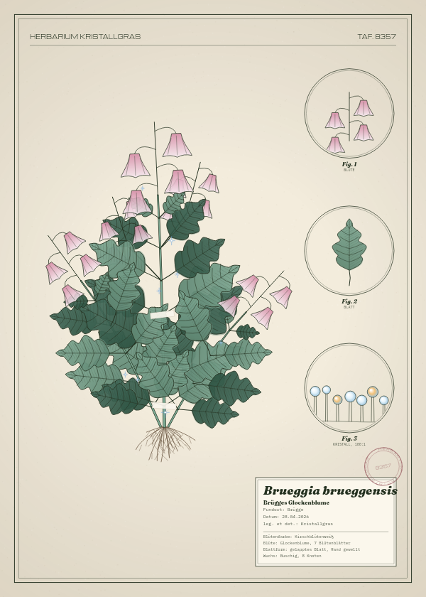 Botanische Tafel: Brueggia brueggensis, eine erfundene Pflanze aus Brügge, gezeichnet wie in einem alten Pflanzenatlas