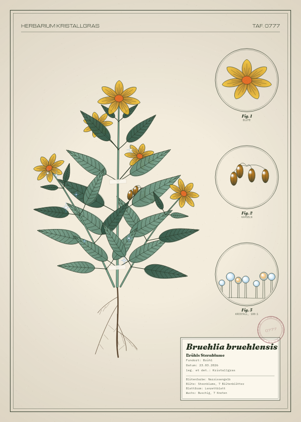 Botanische Tafel: Bruehlia bruehlensis, eine erfundene Pflanze aus Brühl, gezeichnet wie in einem alten Pflanzenatlas