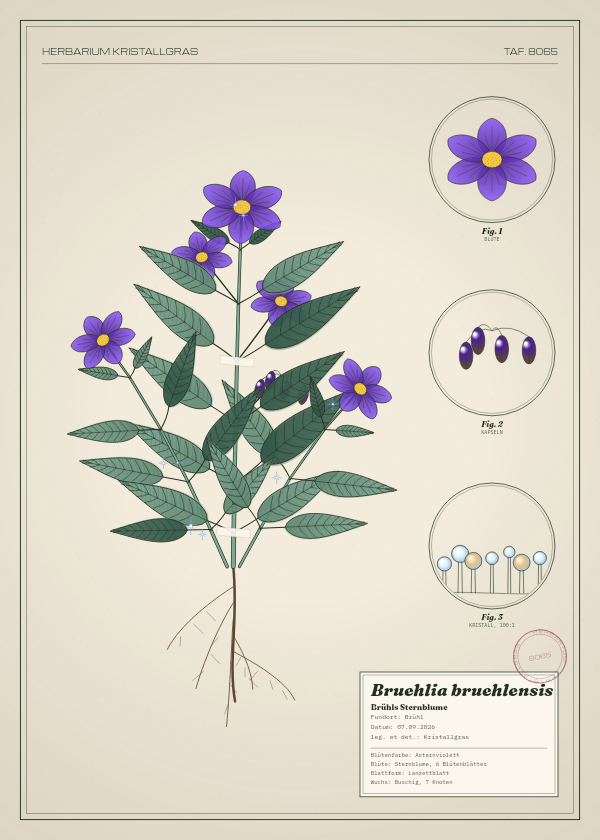 Botanische Tafel: Bruehlia bruehlensis, eine erfundene Pflanze aus Brühl, gezeichnet wie in einem alten Pflanzenatlas