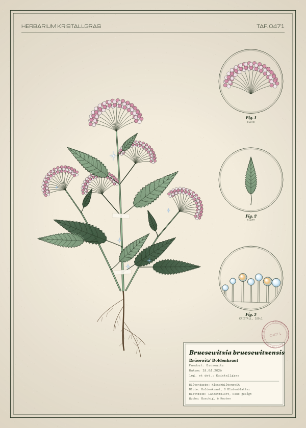Botanische Tafel: Bruesewitzia bruesewitzensis, eine erfundene Pflanze aus Brüsewitz, gezeichnet wie in einem alten Pflanzenatlas