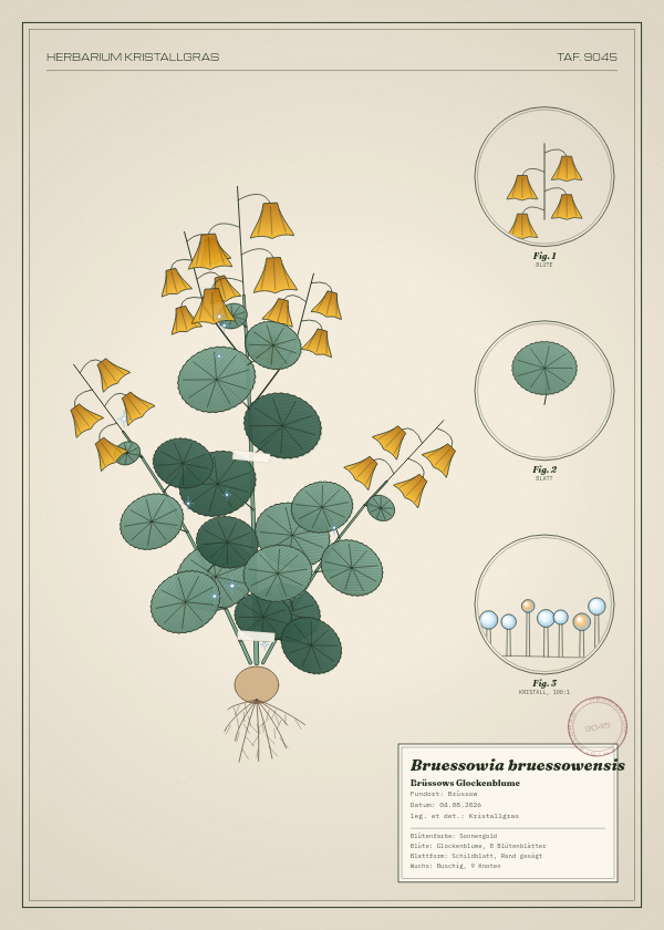 Botanische Tafel: Bruessowia bruessowensis, eine erfundene Pflanze aus Brüssow, gezeichnet wie in einem alten Pflanzenatlas