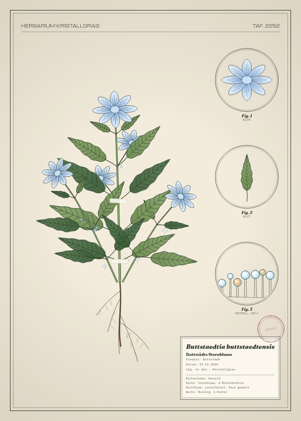 Botanische Tafel: Buttstaedtia buttstaedtensis, eine erfundene Pflanze aus Buttstädt, gezeichnet wie in einem alten Pflanzenatlas