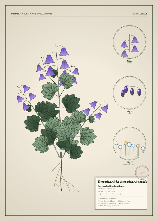 Botanische Tafel: Butzbachia butzbachensis, eine erfundene Pflanze aus Butzbach, gezeichnet wie in einem alten Pflanzenatlas