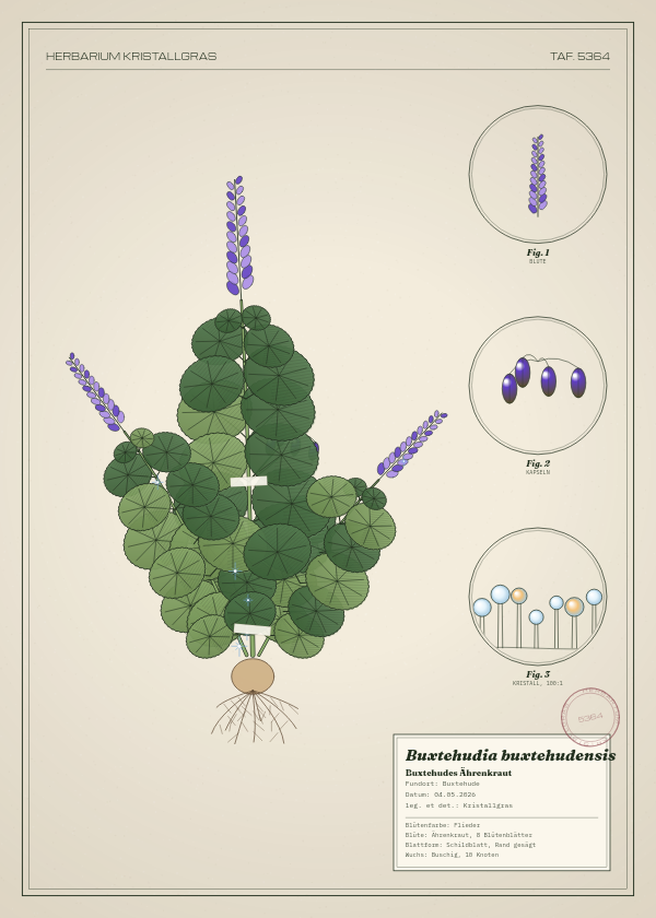 Botanische Tafel: Buxtehudia buxtehudensis, eine erfundene Pflanze aus Buxtehude, gezeichnet wie in einem alten Pflanzenatlas