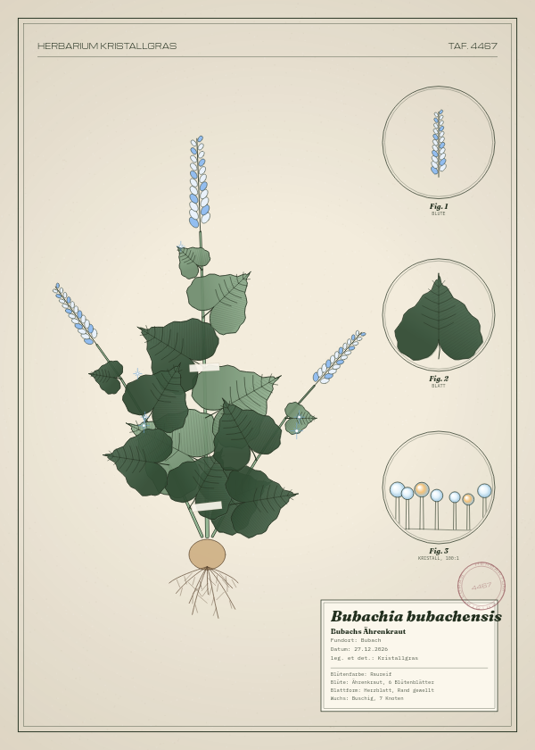 Botanische Tafel: Bubachia bubachensis, eine erfundene Pflanze aus Bubach, gezeichnet wie in einem alten Pflanzenatlas