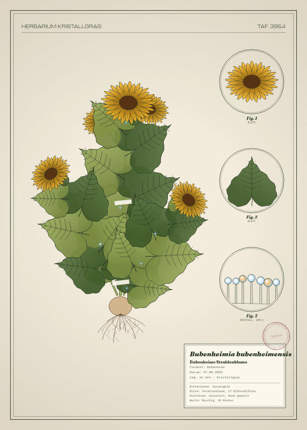 Botanische Tafel: Bubenheimia bubenheimensis, eine erfundene Pflanze aus Bubenheim, gezeichnet wie in einem alten Pflanzenatlas
