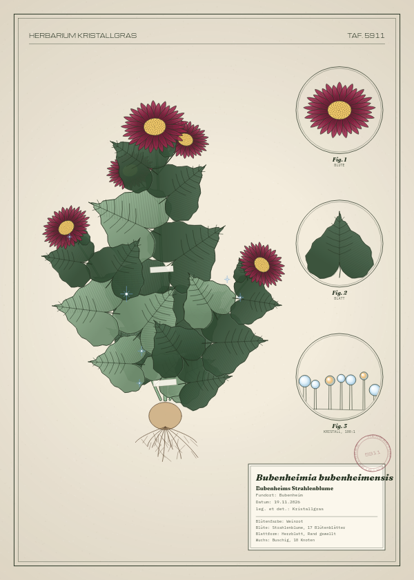 Botanische Tafel: Bubenheimia bubenheimensis, eine erfundene Pflanze aus Bubenheim, gezeichnet wie in einem alten Pflanzenatlas
