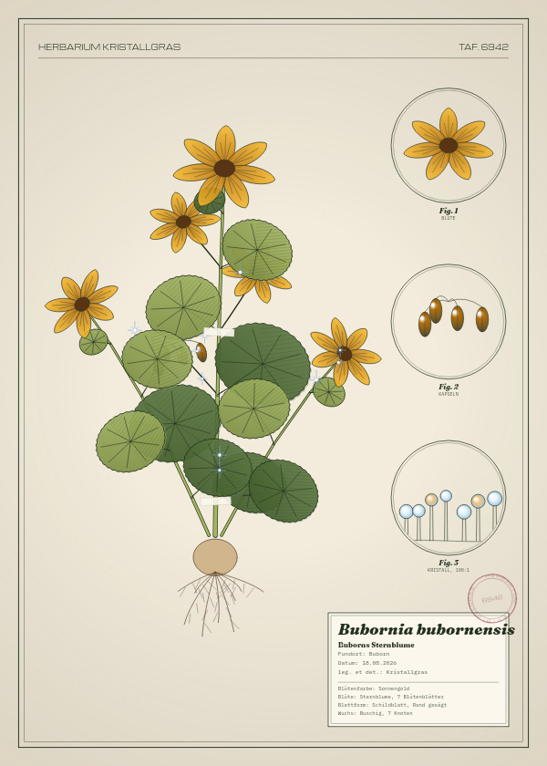 Botanische Tafel: Bubornia bubornensis, eine erfundene Pflanze aus Buborn, gezeichnet wie in einem alten Pflanzenatlas