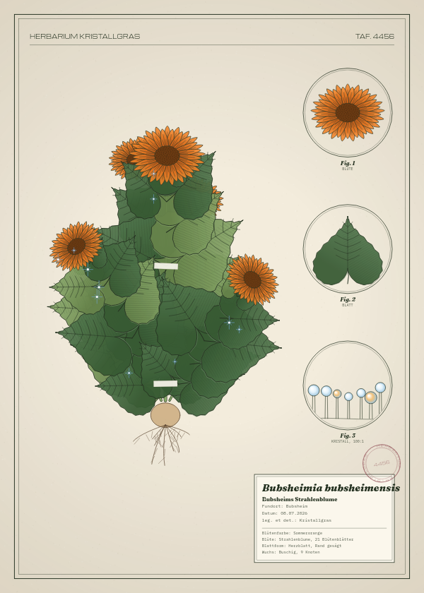 Botanische Tafel: Bubsheimia bubsheimensis, eine erfundene Pflanze aus Bubsheim, gezeichnet wie in einem alten Pflanzenatlas