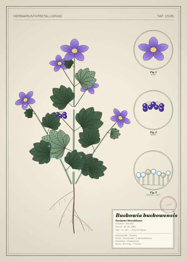 Botanische Tafel: Buckowia buckowensis, eine erfundene Pflanze aus Buckow, gezeichnet wie in einem alten Pflanzenatlas