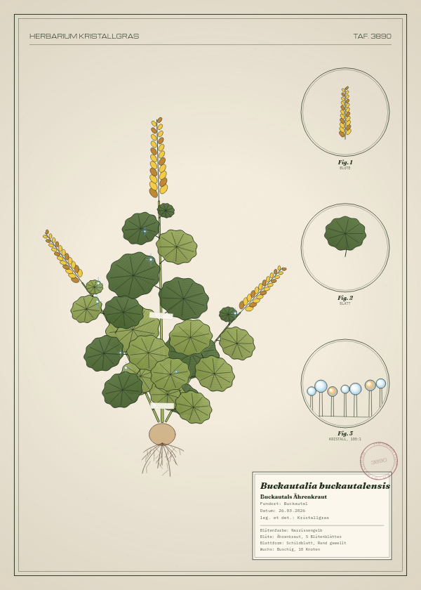 Botanische Tafel: Buckautalia buckautalensis, eine erfundene Pflanze aus Buckautal, gezeichnet wie in einem alten Pflanzenatlas