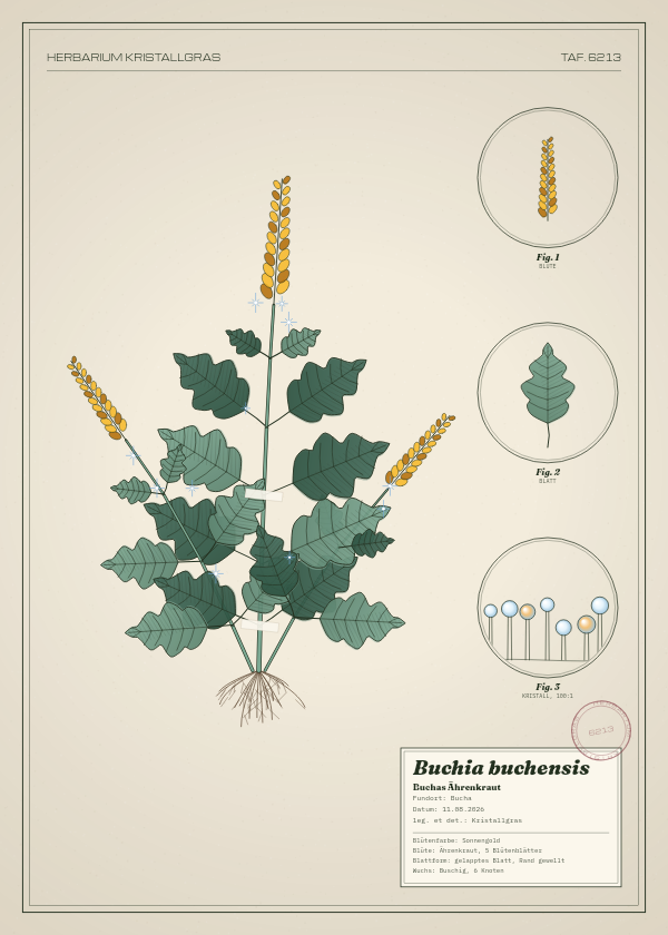 Botanische Tafel: Buchia buchensis, eine erfundene Pflanze aus Bucha, gezeichnet wie in einem alten Pflanzenatlas