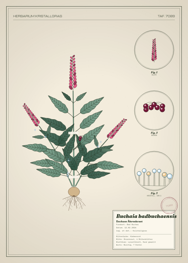 Botanische Tafel: Buchaia badbuchaensis, eine erfundene Pflanze aus Bad Buchau, gezeichnet wie in einem alten Pflanzenatlas