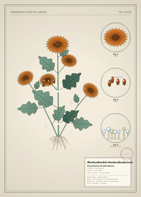 Botanische Tafel: Buchenbachia buchenbachensis, eine erfundene Pflanze aus Buchenbach, gezeichnet wie in einem alten Pflanzenatlas