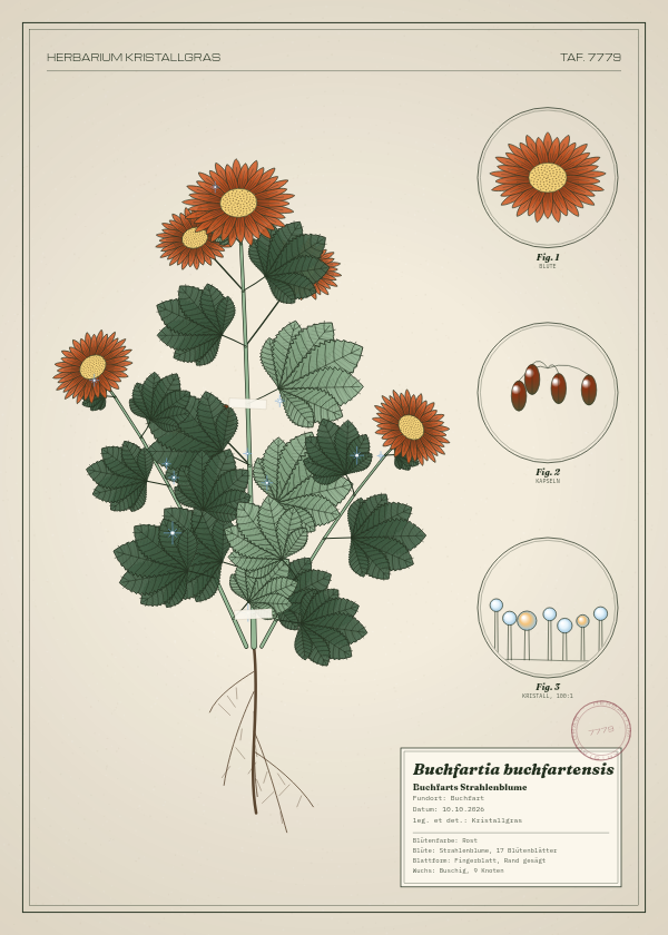 Botanische Tafel: Buchfartia buchfartensis, eine erfundene Pflanze aus Buchfart, gezeichnet wie in einem alten Pflanzenatlas