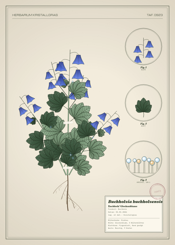 Botanische Tafel: Buchholzia buchholzensis, eine erfundene Pflanze aus Buchholz, gezeichnet wie in einem alten Pflanzenatlas