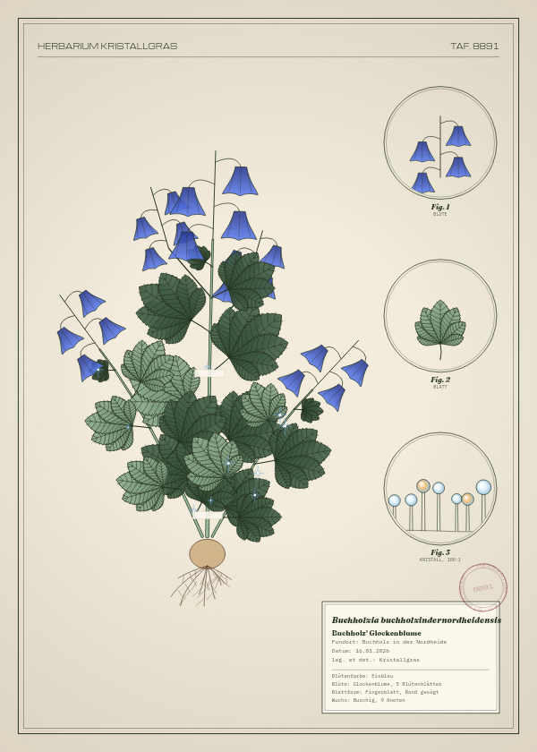 Botanische Tafel: Buchholzia buchholzindernordheidensis, eine erfundene Pflanze aus Buchholz in der Nordheide, gezeichnet wie in einem alten Pflanzenatlas