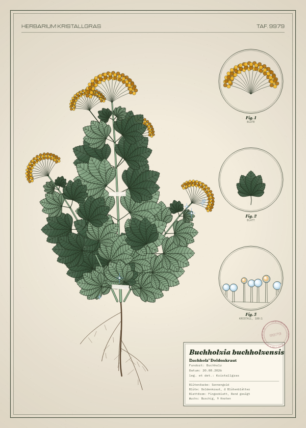 Botanische Tafel: Buchholzia buchholzensis, eine erfundene Pflanze aus Buchholz, gezeichnet wie in einem alten Pflanzenatlas