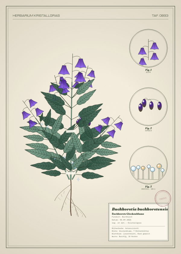 Botanische Tafel: Buchhorstia buchhorstensis, eine erfundene Pflanze aus Buchhorst, gezeichnet wie in einem alten Pflanzenatlas