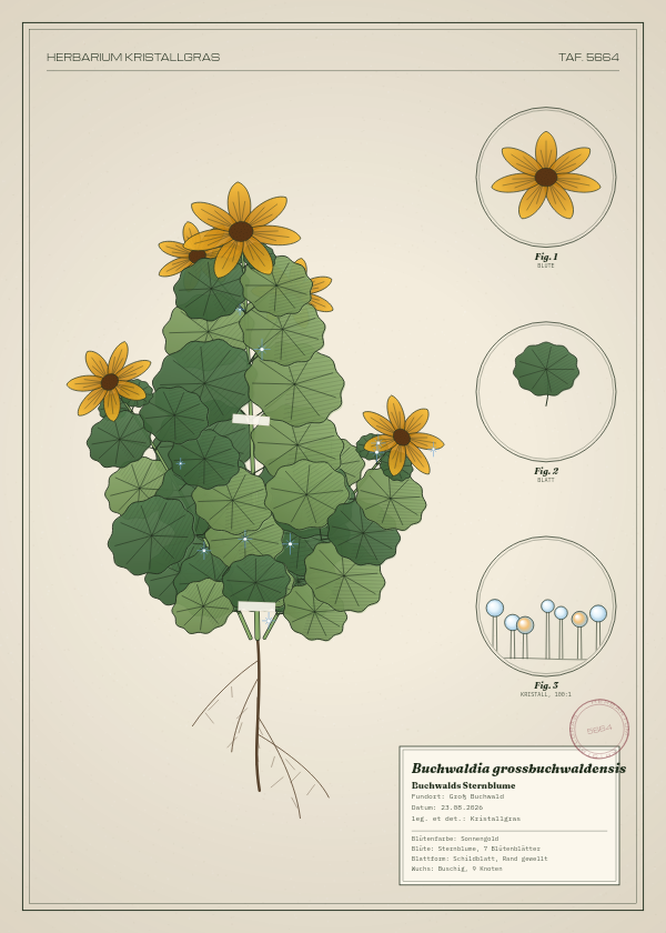 Botanische Tafel: Buchwaldia grossbuchwaldensis, eine erfundene Pflanze aus Groß Buchwald, gezeichnet wie in einem alten Pflanzenatlas