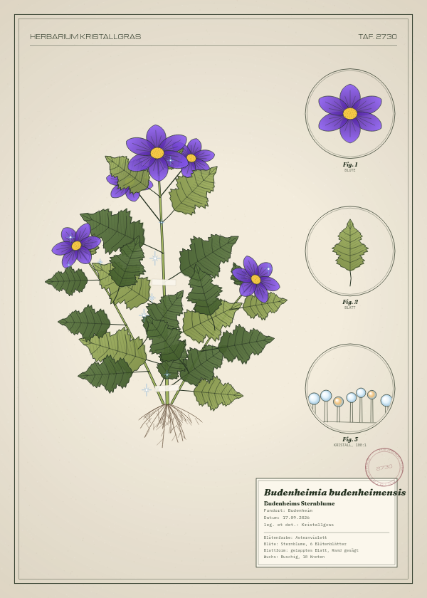 Botanische Tafel: Budenheimia budenheimensis, eine erfundene Pflanze aus Budenheim, gezeichnet wie in einem alten Pflanzenatlas