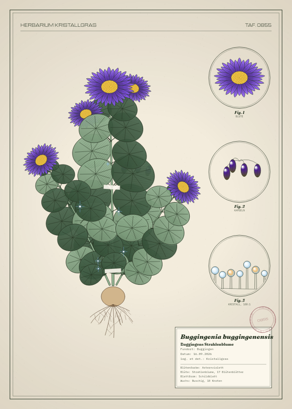 Botanische Tafel: Buggingenia buggingenensis, eine erfundene Pflanze aus Buggingen, gezeichnet wie in einem alten Pflanzenatlas