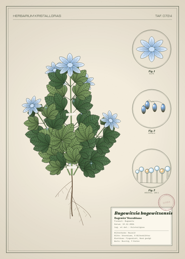 Botanische Tafel: Bugewitzia bugewitzensis, eine erfundene Pflanze aus Bugewitz, gezeichnet wie in einem alten Pflanzenatlas