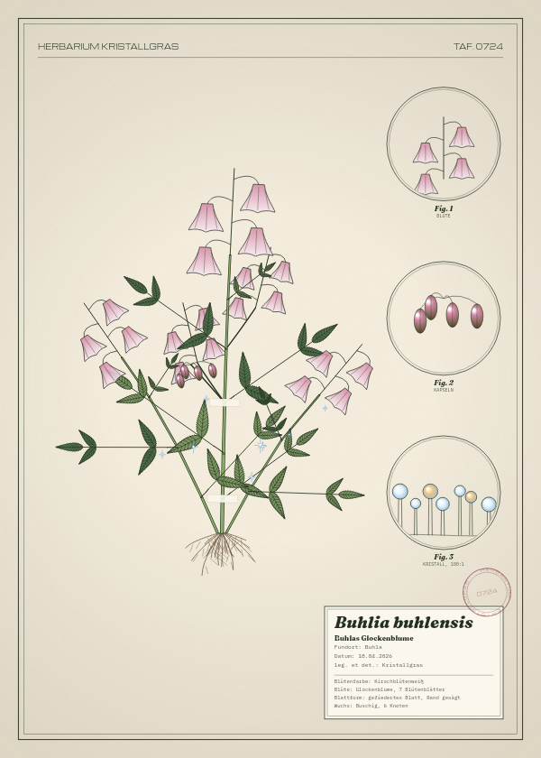 Botanische Tafel: Buhlia buhlensis, eine erfundene Pflanze aus Buhla, gezeichnet wie in einem alten Pflanzenatlas